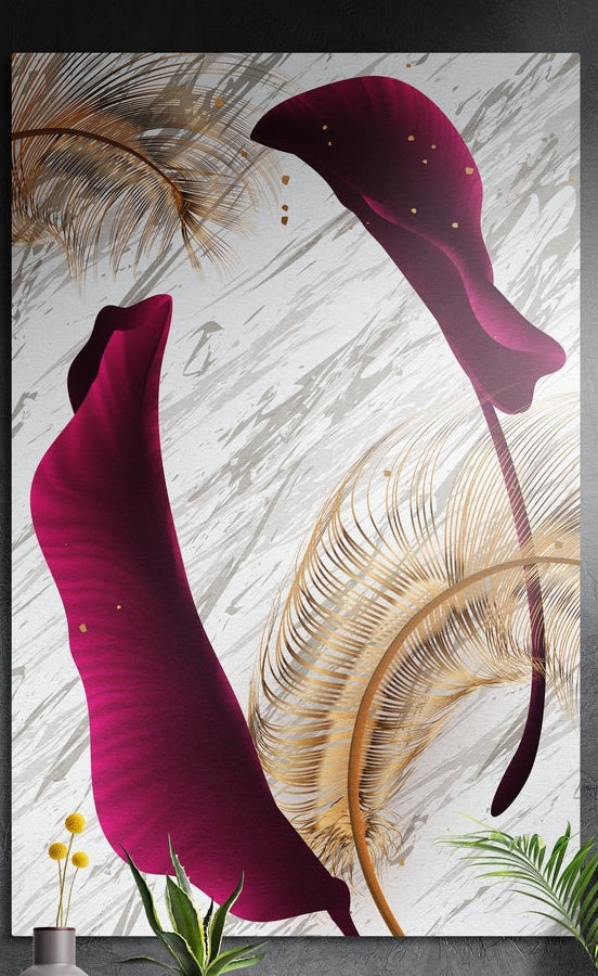 Magenta calla petals and golden feathers on white marble, brushed aluminum wall art above a wooden sideboard