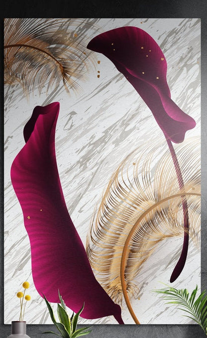 Magenta calla petals and golden feathers on white marble, brushed aluminum wall art above a wooden sideboard