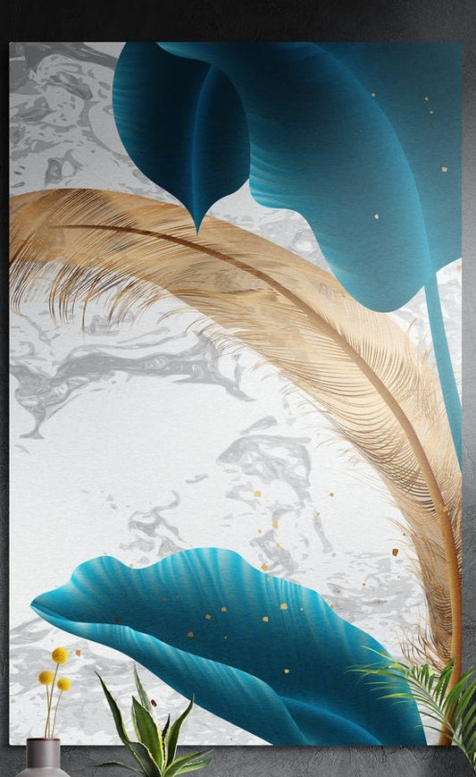 Teal leaves and a golden plume on silver marble, brushed aluminum wall art behind yellow billy buttons and plants