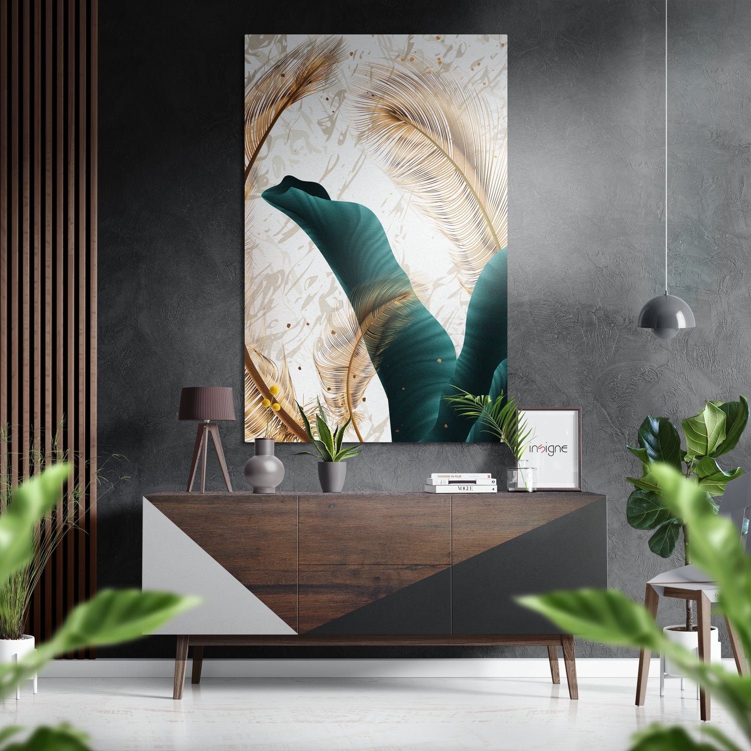 Emerald Blades and Ivory Feathers metal wall art print