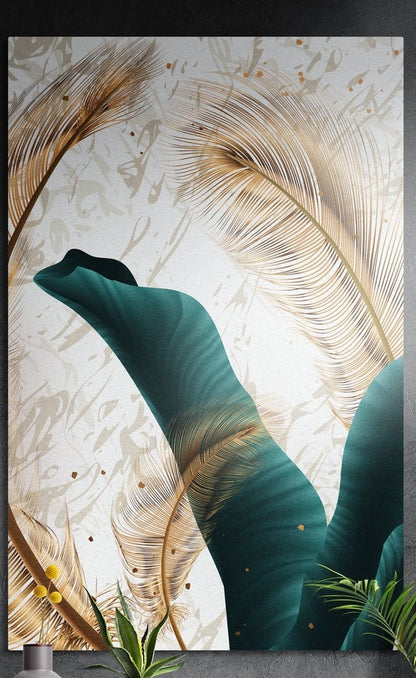 Emerald leaves and gold feathers brushed aluminum wall art on a gray wall above yellow flowers and plants