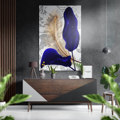 Navy blue petals gold quill brushed aluminum wall art