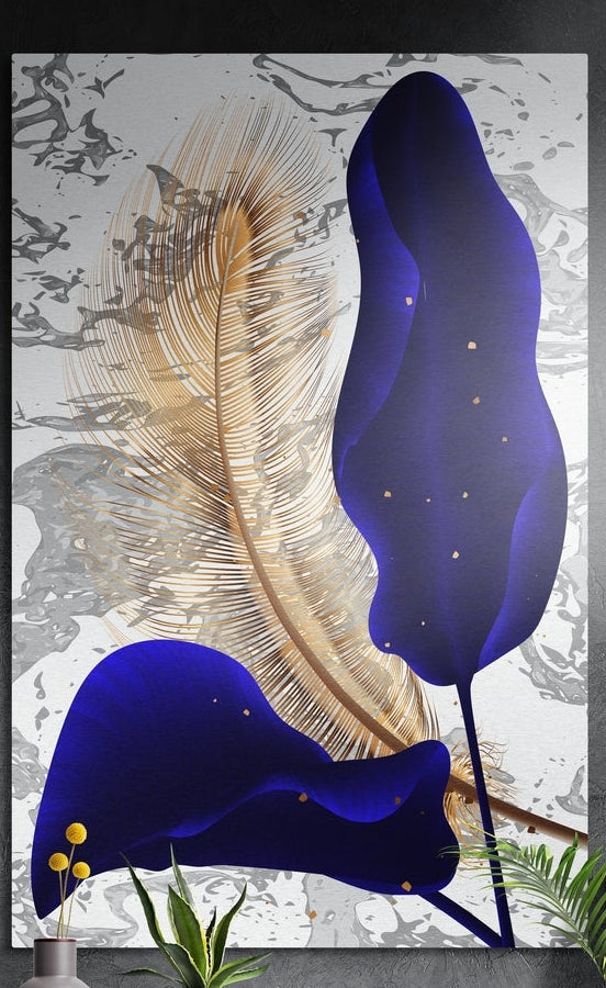 Navy petals and gold feather on marble brushed aluminum wall art on a dark wall above yellow flowers and plants