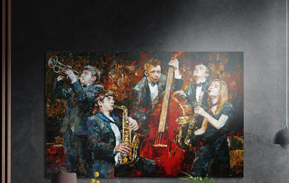 Jazz band with trumpet, saxophones and double bass in red and blue brushwork brushed aluminum wall art on a dark wall