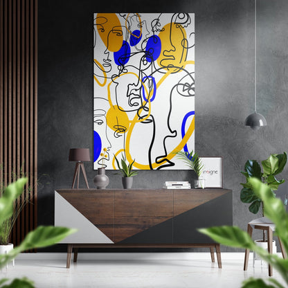 Layered Line Faces Blue Yellow Metal Wall Art