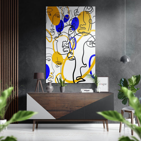 Layered Line Faces Blue Yellow Metal Wall Art