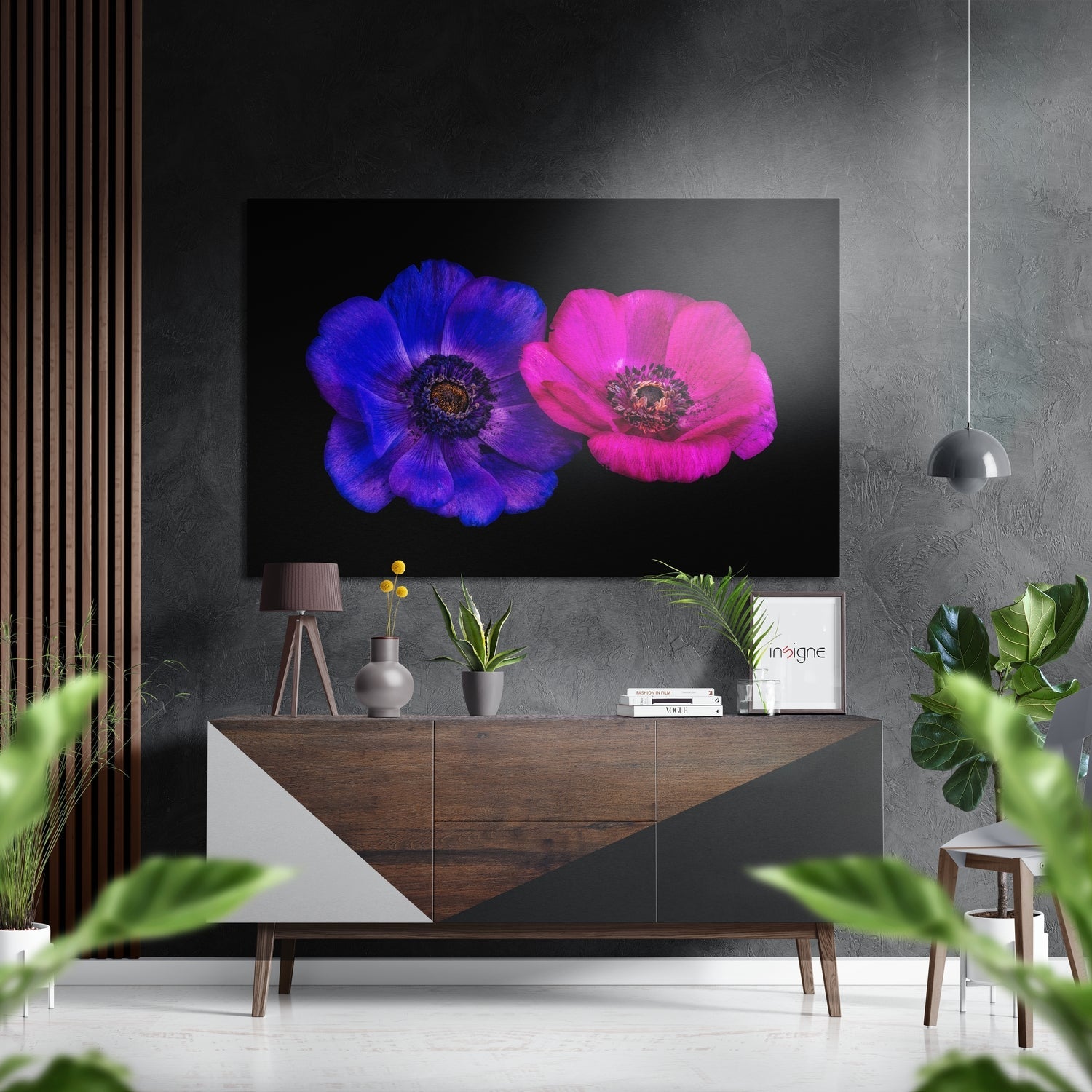Violet and pink anemone pair brushed aluminum floral wall art