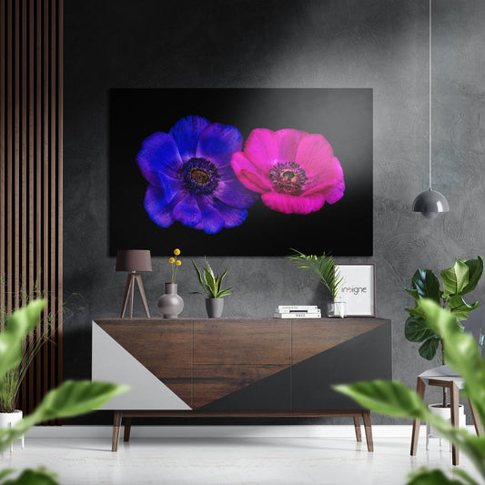 Violet and pink anemone pair brushed aluminum floral wall art