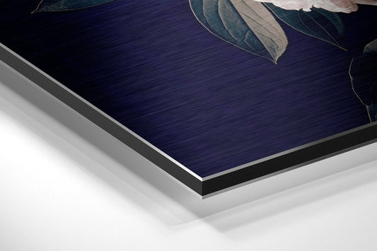 White Peony on Navy Backdrop Metal Wall Art