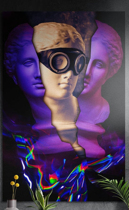 Statue head in goggles between purple busts brushed aluminum wall art on a gray wall above yellow flowers and plants