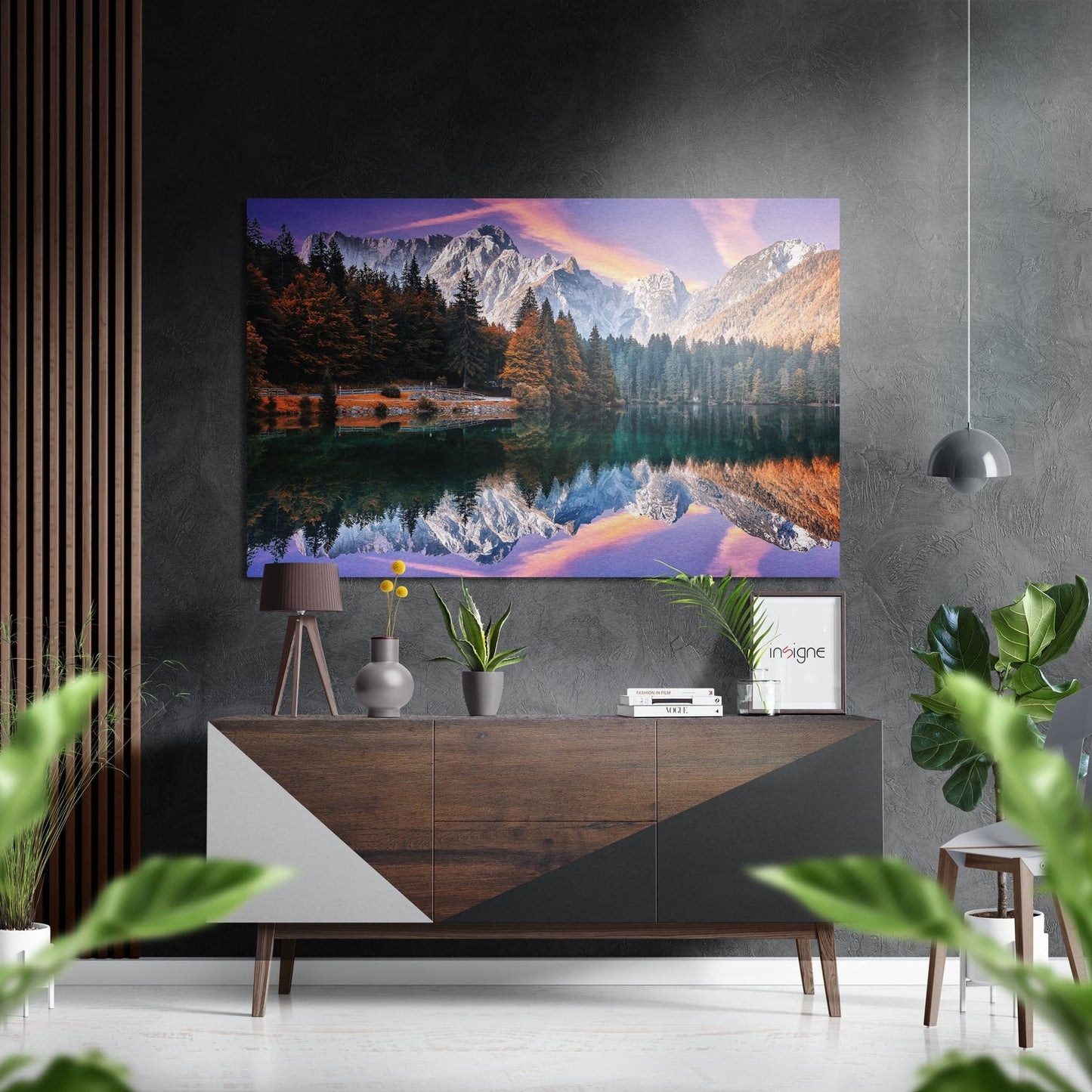 Snowy peaks mirror lake at dusk metal wall art landscape scene
