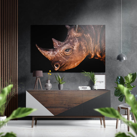 Rhinoceros profile on brushed aluminum metal wall art