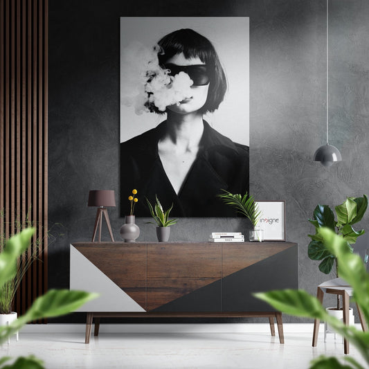 Sunglasses woman smoke metal wall art print