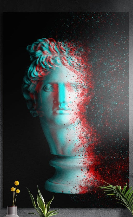 Teal and red glitch classical bust brushed aluminum wall art on a gray wall above yellow flowers and plants