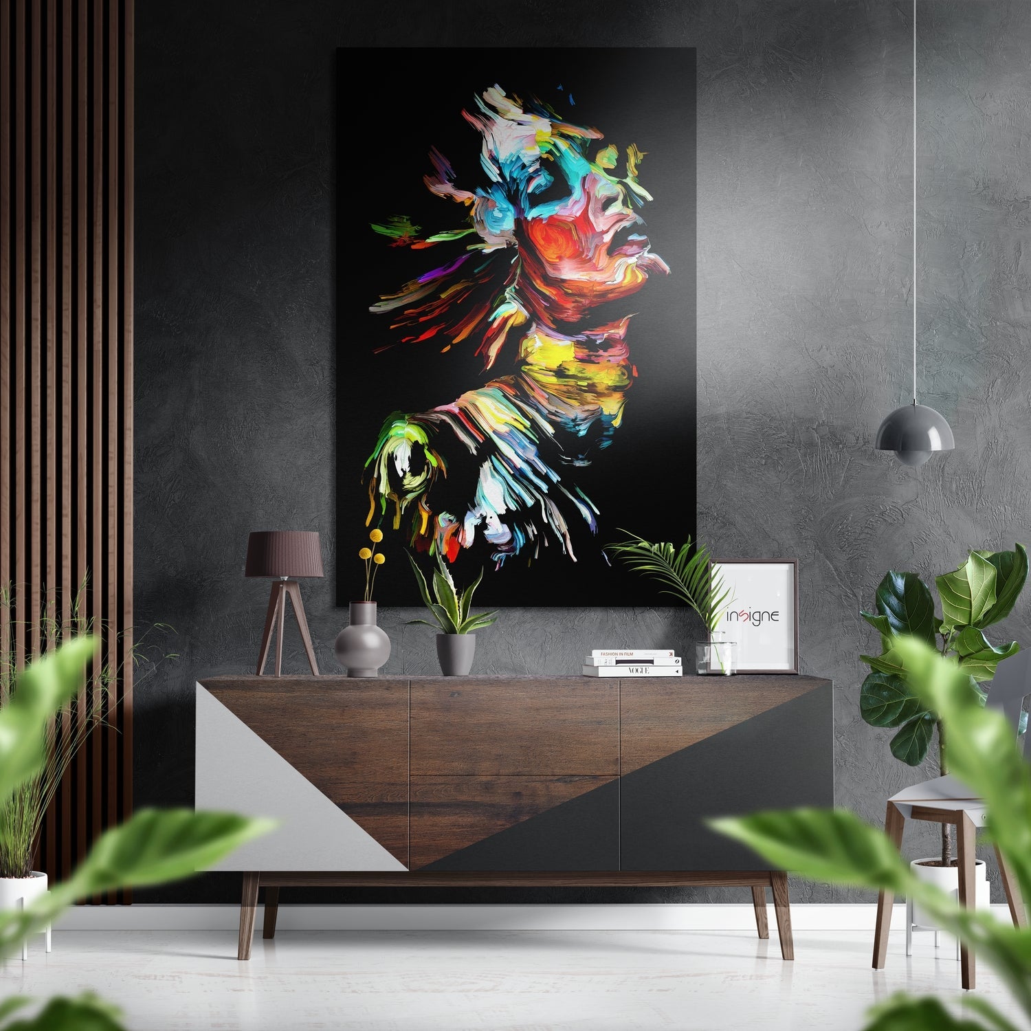 Neon paint strokes woman face metal wall art