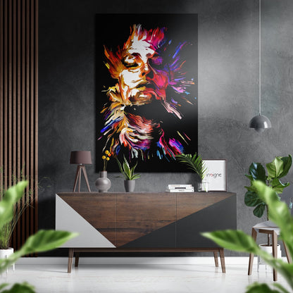 Fiery orange paint face profile metal wall art
