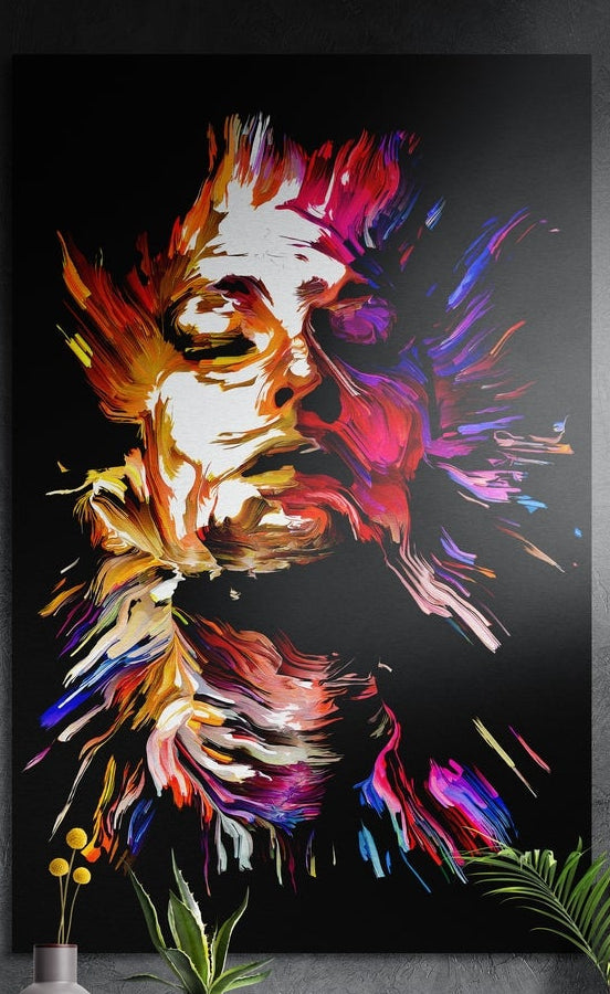 Fiery orange and violet splash face brushed aluminum wall art hung on a dark textured wall above potted plants