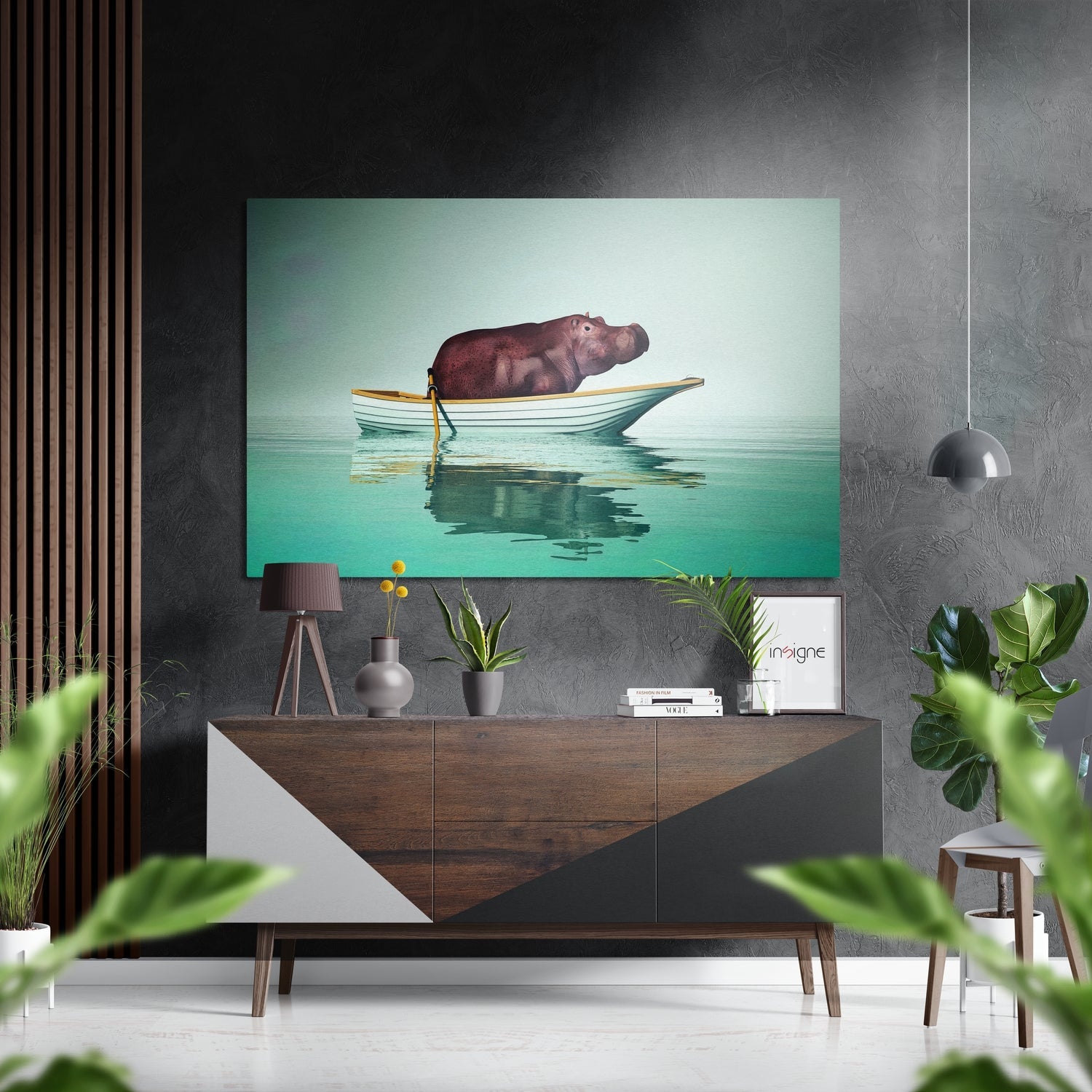 Running hippo brushed aluminum dibond metal wall art with a playful textured finish