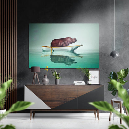 Running hippo brushed aluminum dibond metal wall art with a playful textured finish