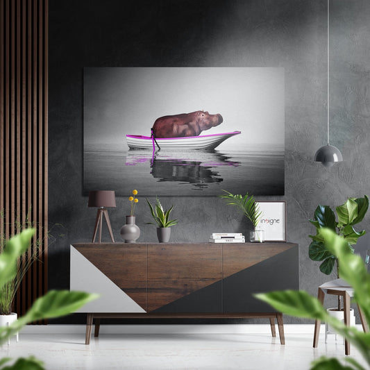 Hippo in pink boat metal wall art panel