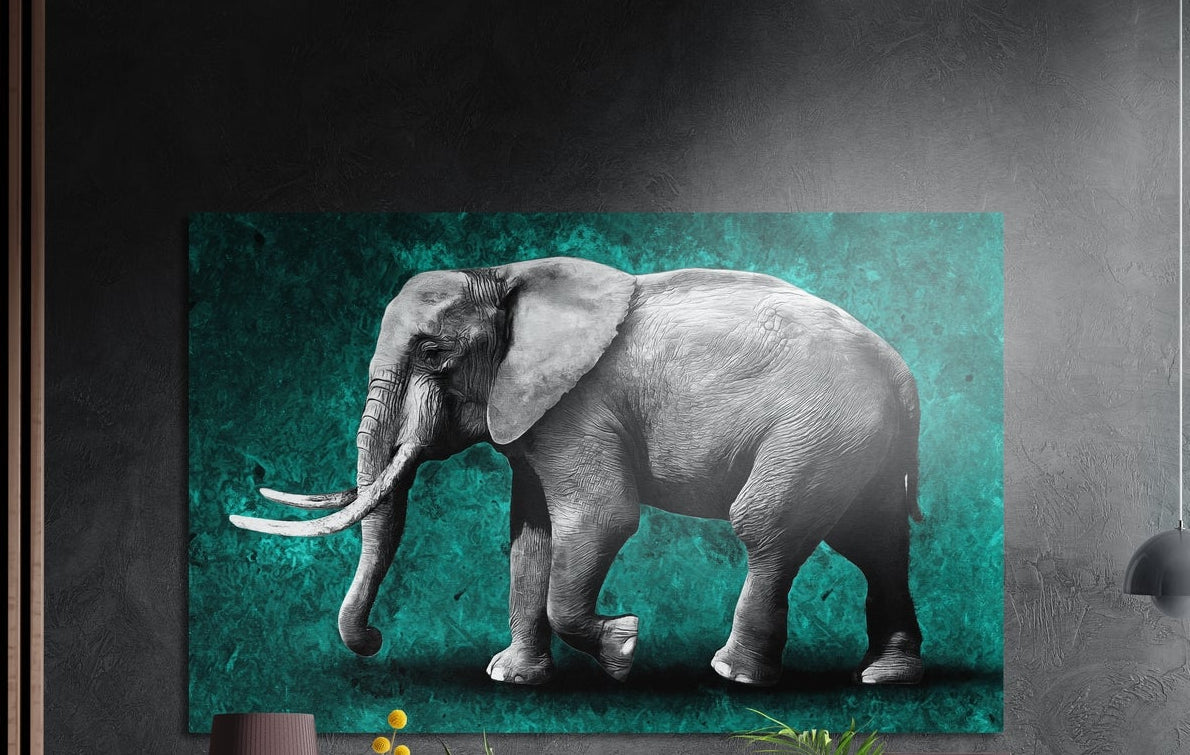 Gray elephant with white tusks in profile on a textured teal background, brushed aluminum wall art on a dark wall