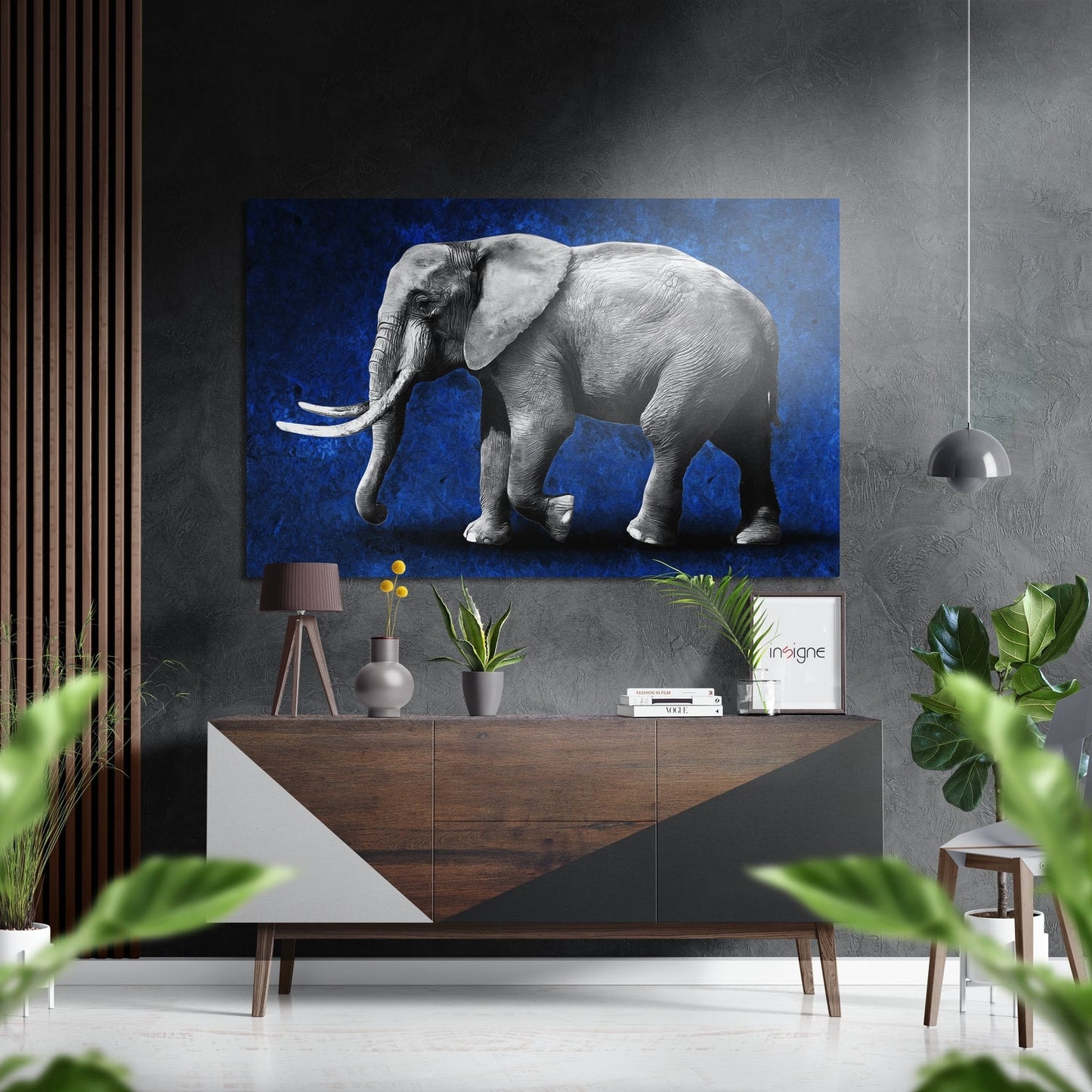 Elephant metal wall art blue backdrop print