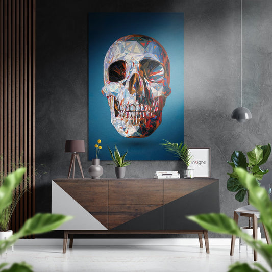 Crystal geometric skull metal wall art on brushed aluminum dibond