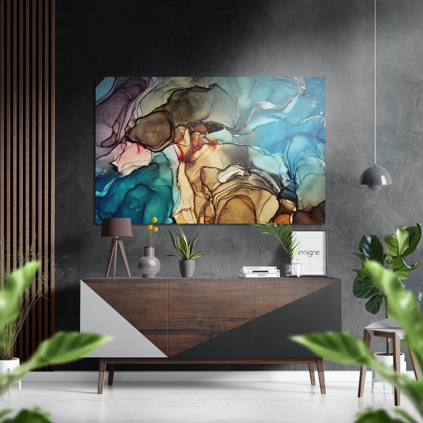 Teal ochre alcohol ink marble metal wall art
