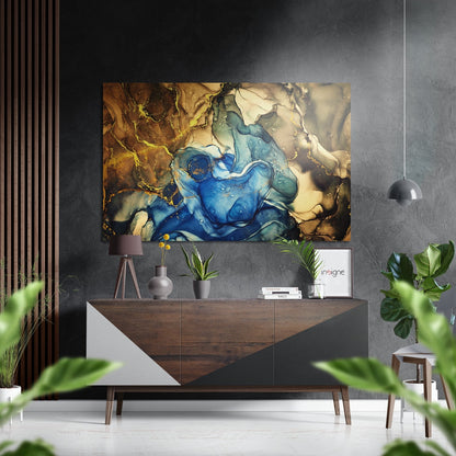 Cobalt Amber Bloom Marble Metal Wall Art