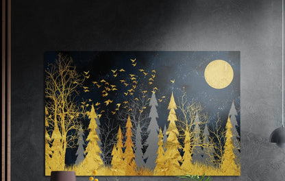 Golden forest brushed aluminum wall art on a dark gray wall above a sideboard with a vase and plants