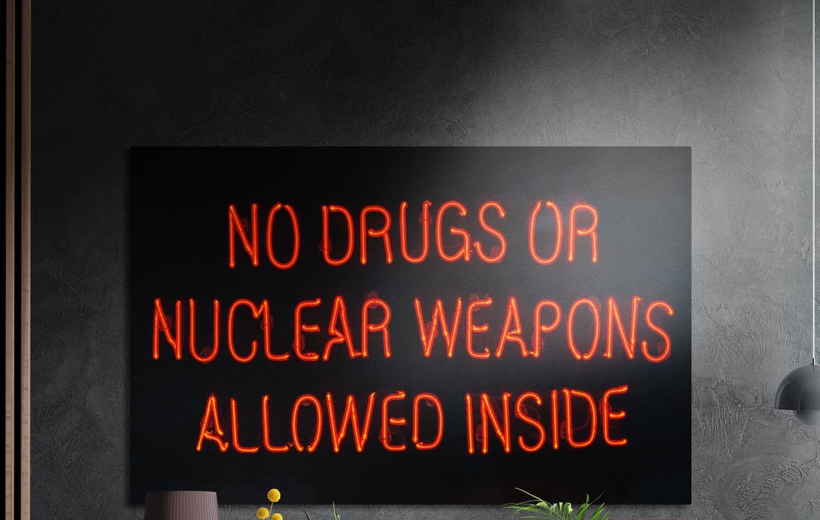 No drugs or nuclear weapons red neon brushed aluminum wall art on a dark gray wall above yellow flowers