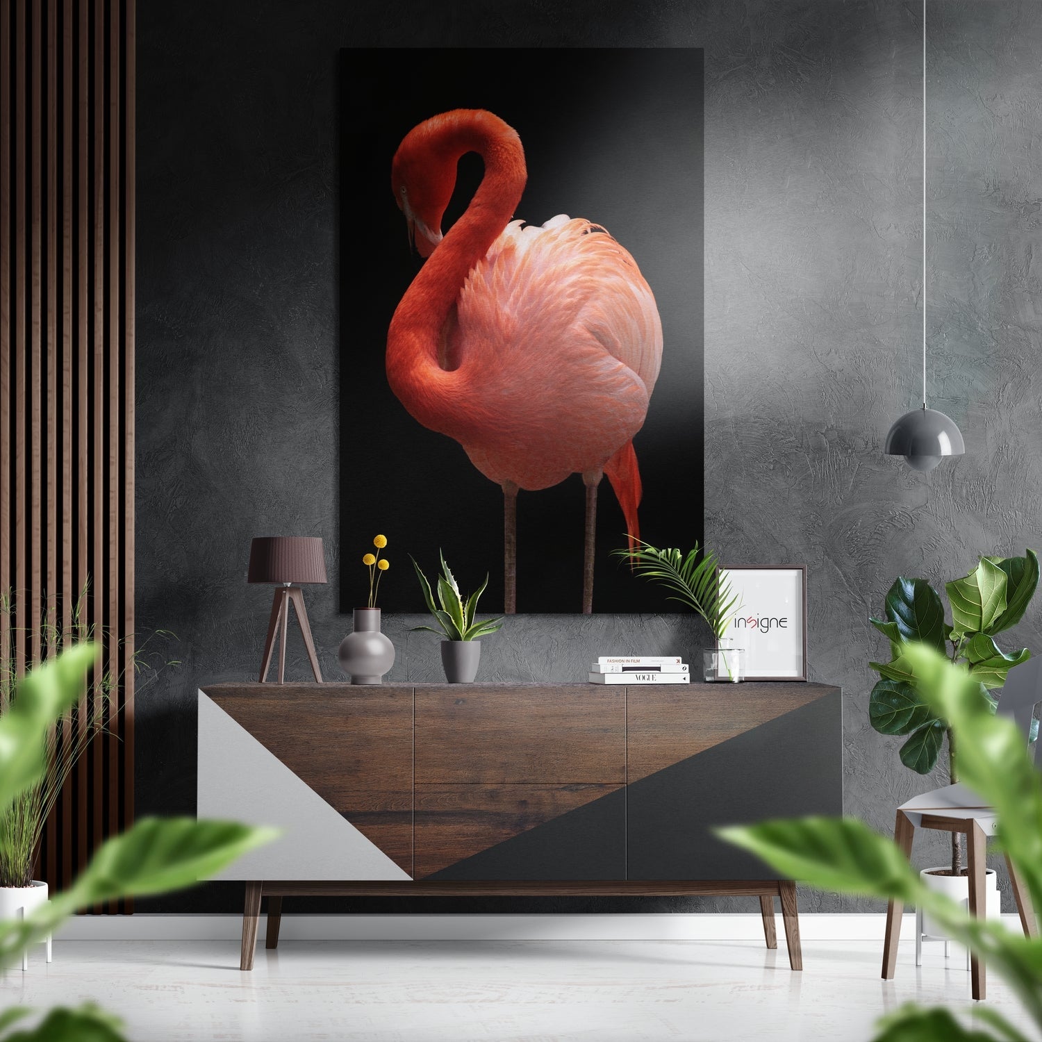 Flamingo metal wall art on black brushed aluminum dibond