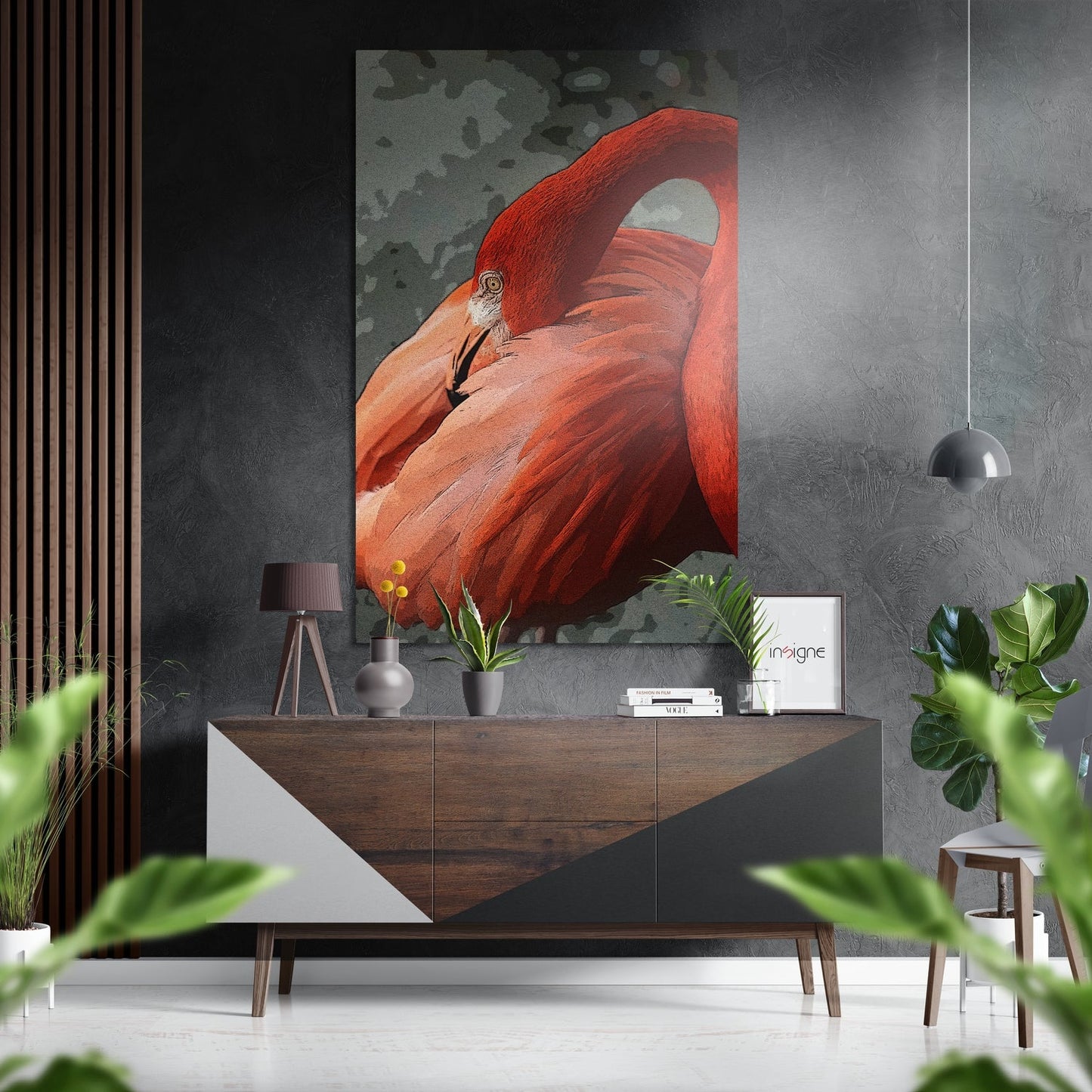 Preening flamingo metal wall art