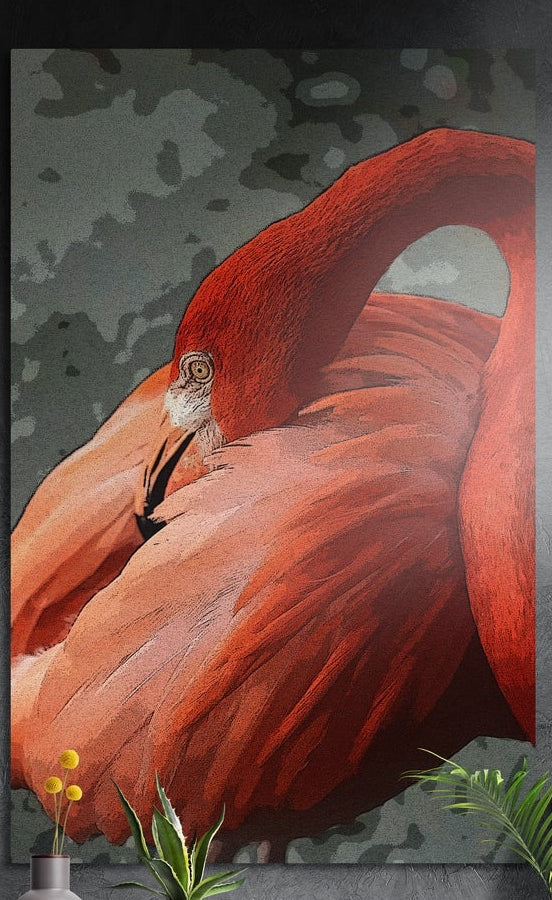 Coral flamingo preening in close up on gray and green, brushed aluminum wall art on a gray wall above a vase and plants