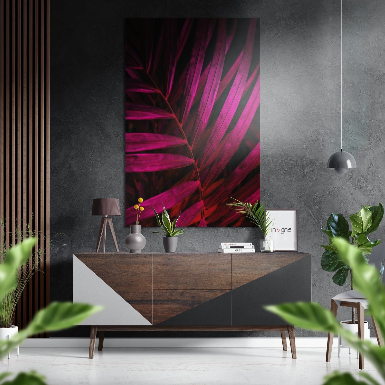 Magenta palm frond leaf metal wall art