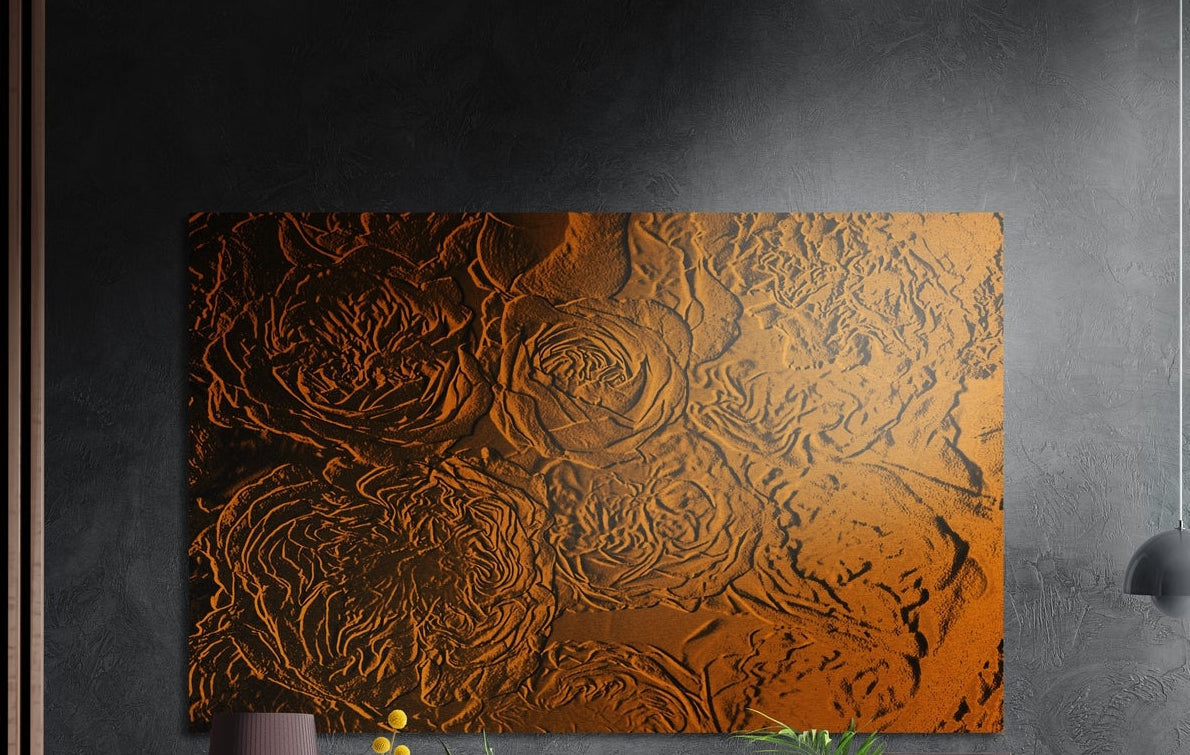 Copper rose pattern brushed aluminum wall art on a dark gray wall beside a black wall lamp