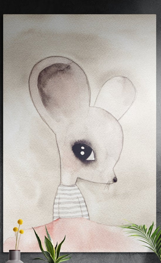 Watercolor mouse with big ears in a striped shirt on soft pink, brushed aluminum wall art on a dark wall behind plants