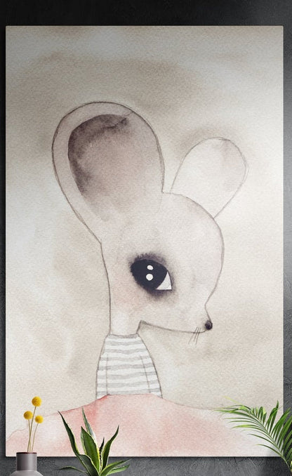 Watercolor mouse with big ears in a striped shirt on soft pink, brushed aluminum wall art on a dark wall behind plants