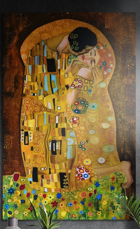 Couple in patterned gold robes embracing at a flower meadow, brushed aluminum wall art on a dark wall above yellow flowers