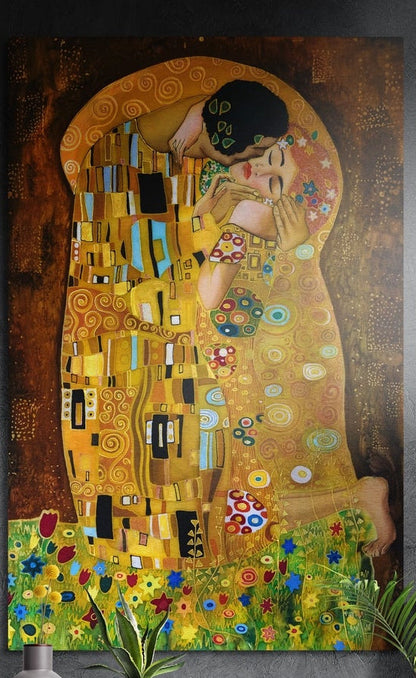 Couple in patterned gold robes embracing at a flower meadow, brushed aluminum wall art on a dark wall above yellow flowers