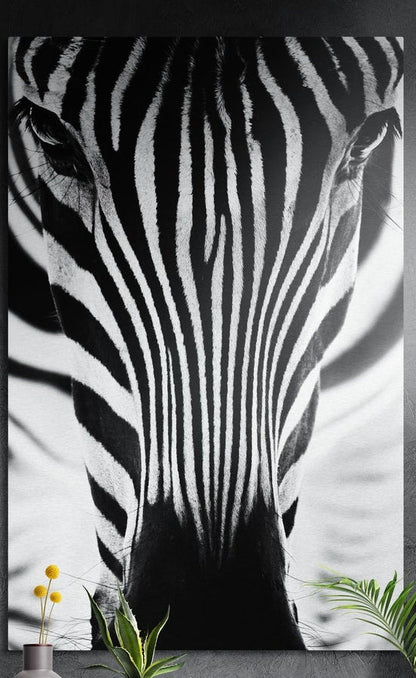 Zebra stripes close-up brushed aluminum wall art on a dark textured wall above yellow flowers and potted plants