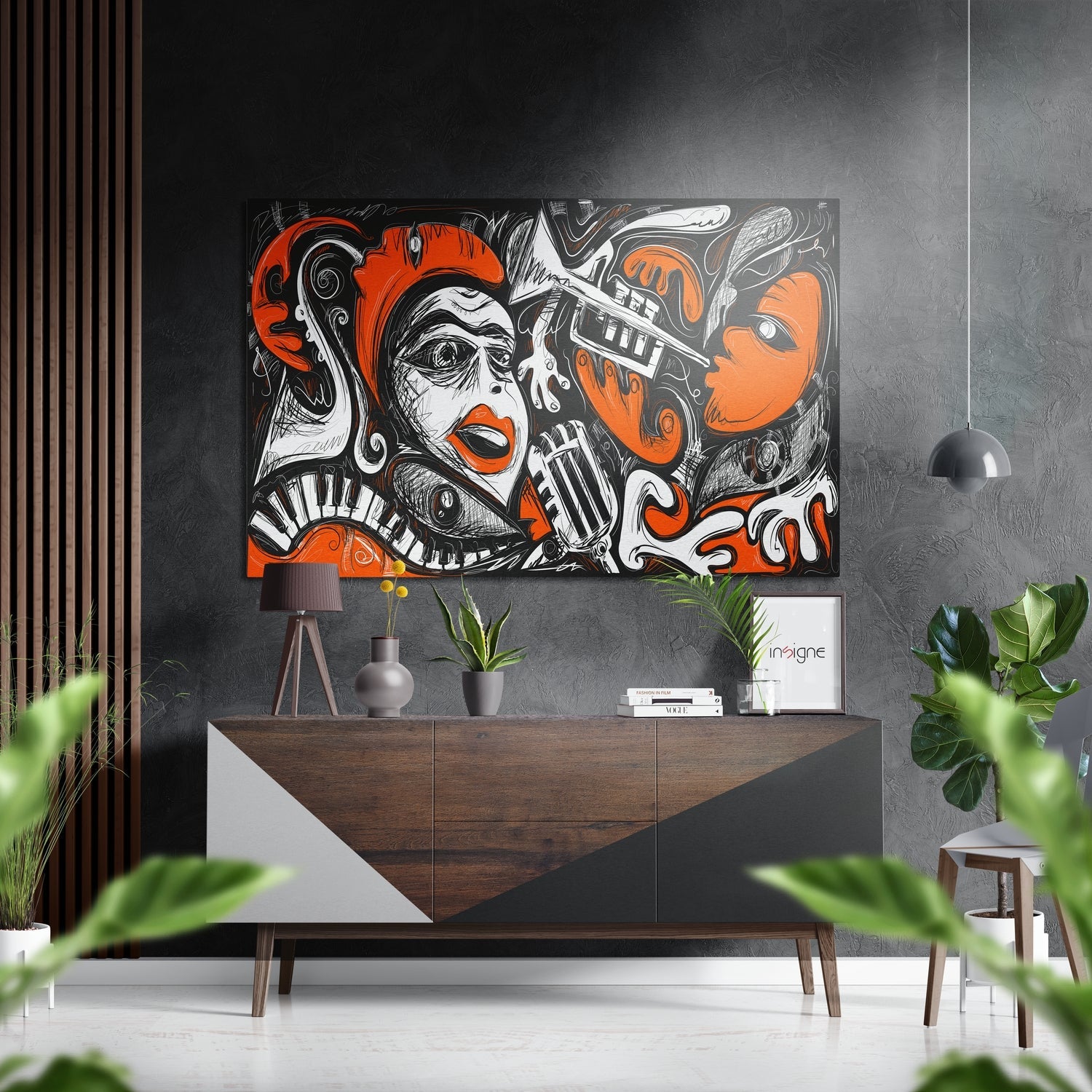 Orange faces piano keys metal wall art