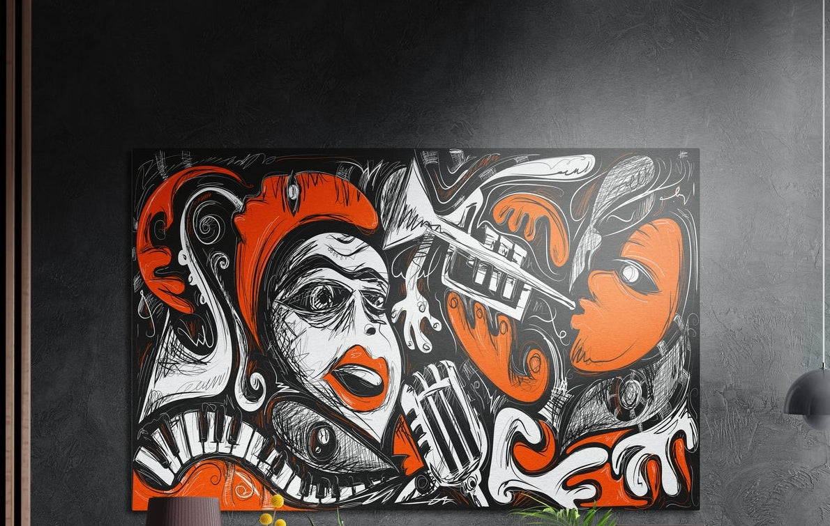 Orange jazz faces and piano keys brushed aluminum wall art on a dark textured wall above potted plant tops