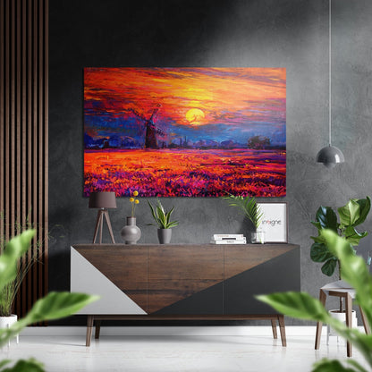 Windmill sunset metal wall art in brushed aluminum