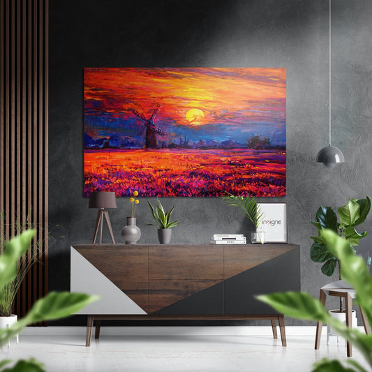 Windmill sunset metal wall art in brushed aluminum