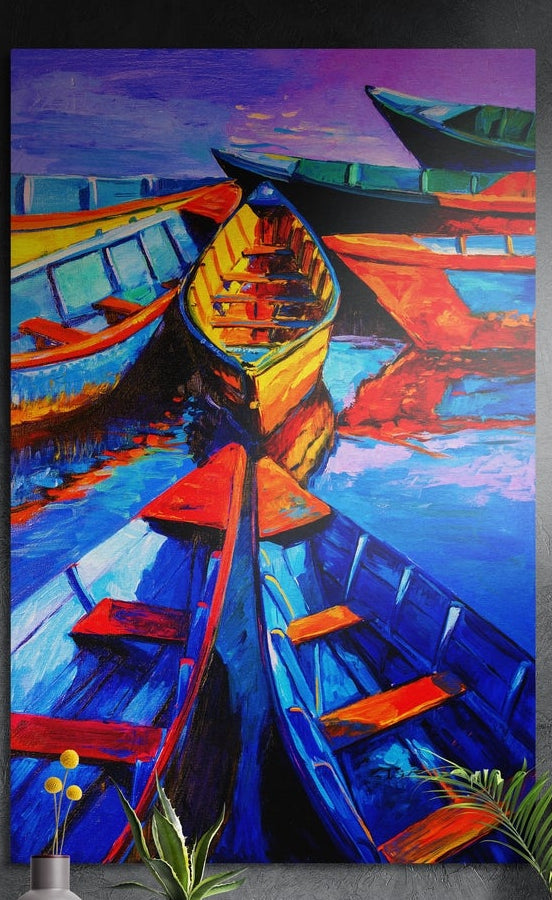 Colorful rowboats on blue water brushed aluminum wall art on a dark wall behind a vase of yellow flowers and plants