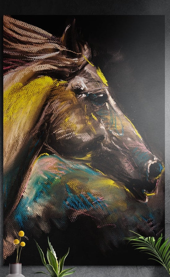 Pastel stroke horse head brushed aluminum wall art on a dark textured wall above a vase of yellow flowers and plants