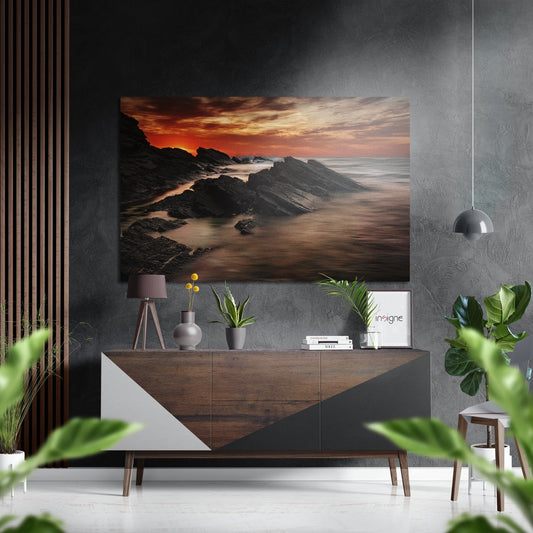 Sunset over layered mountains on brushed aluminum metal wall art
