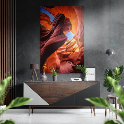 Orange slot canyon sky view metal wall art