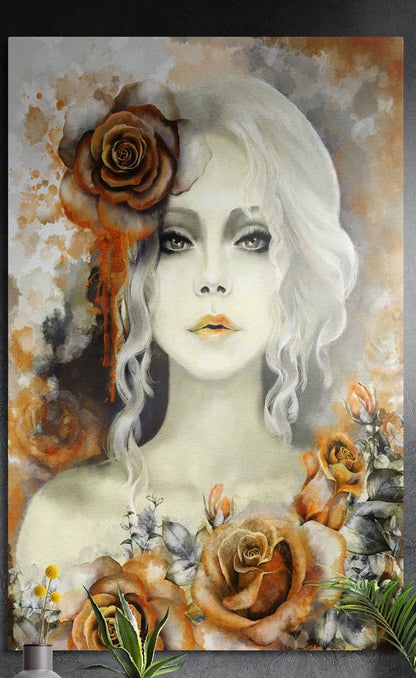 White haired woman with orange watercolor roses, brushed aluminum wall art on a dark gray wall above plants